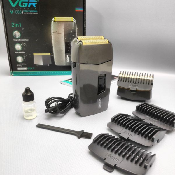 Портативная мужская электробритва-триммер VGR Voyager V-086 2 в 1, 4 насадки